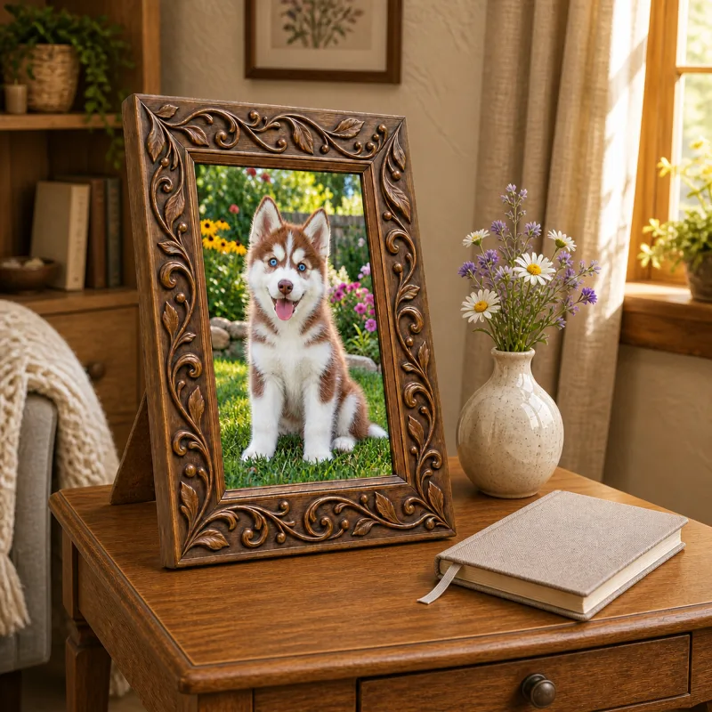 The scrollwork frame displayed on a wall in a sunlit room