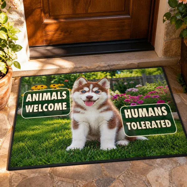 The doormat laid on a stone step at a wooden front door