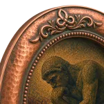 Close detail of the antique copper rim and pointillist artwork
