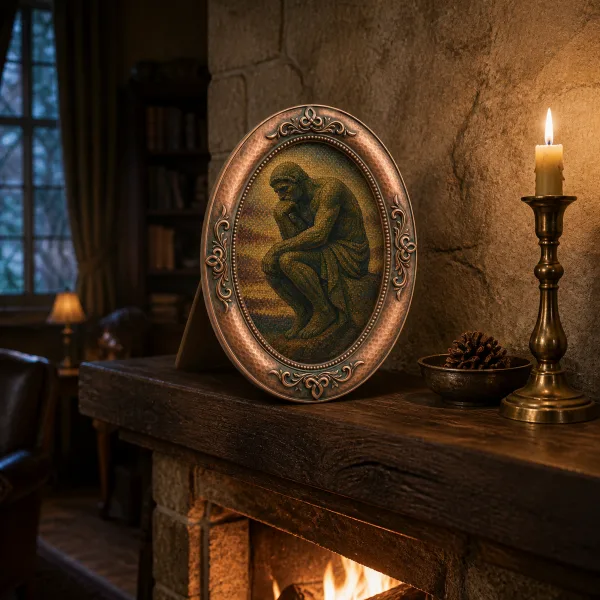 The oval frame standing on a side table in a warm interior