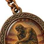 Close detail of the aged copper keychain face