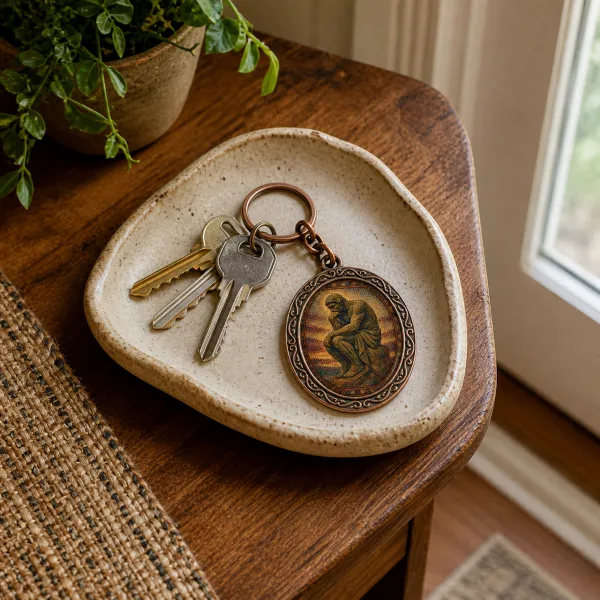 The keychain resting on a worn leather surface