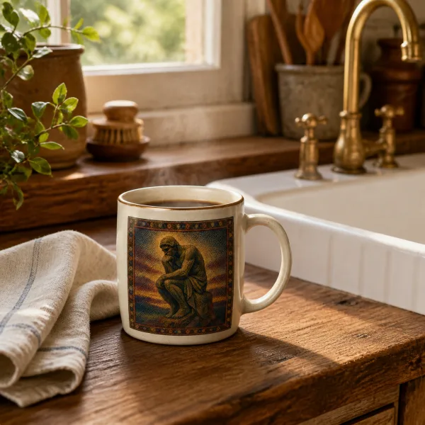 The cream stoneware mug on a table beside morning light