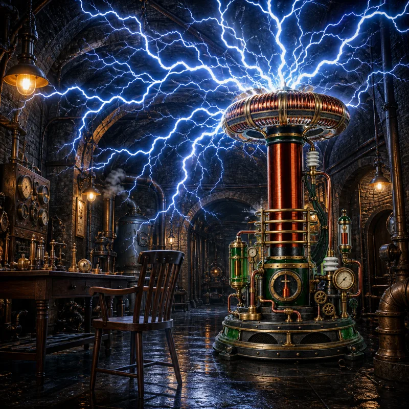 The Tesla coil lit in an underground laboratory setting