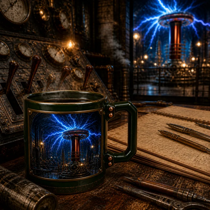 The deep-green mug in a boiler-room setting