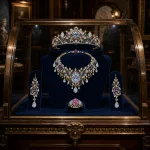 The full parure mounted in a display case in a private collection room
