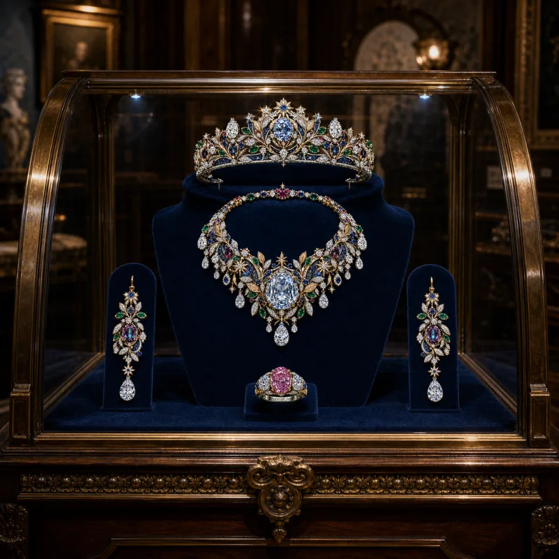The full parure mounted in a display case in a private collection room