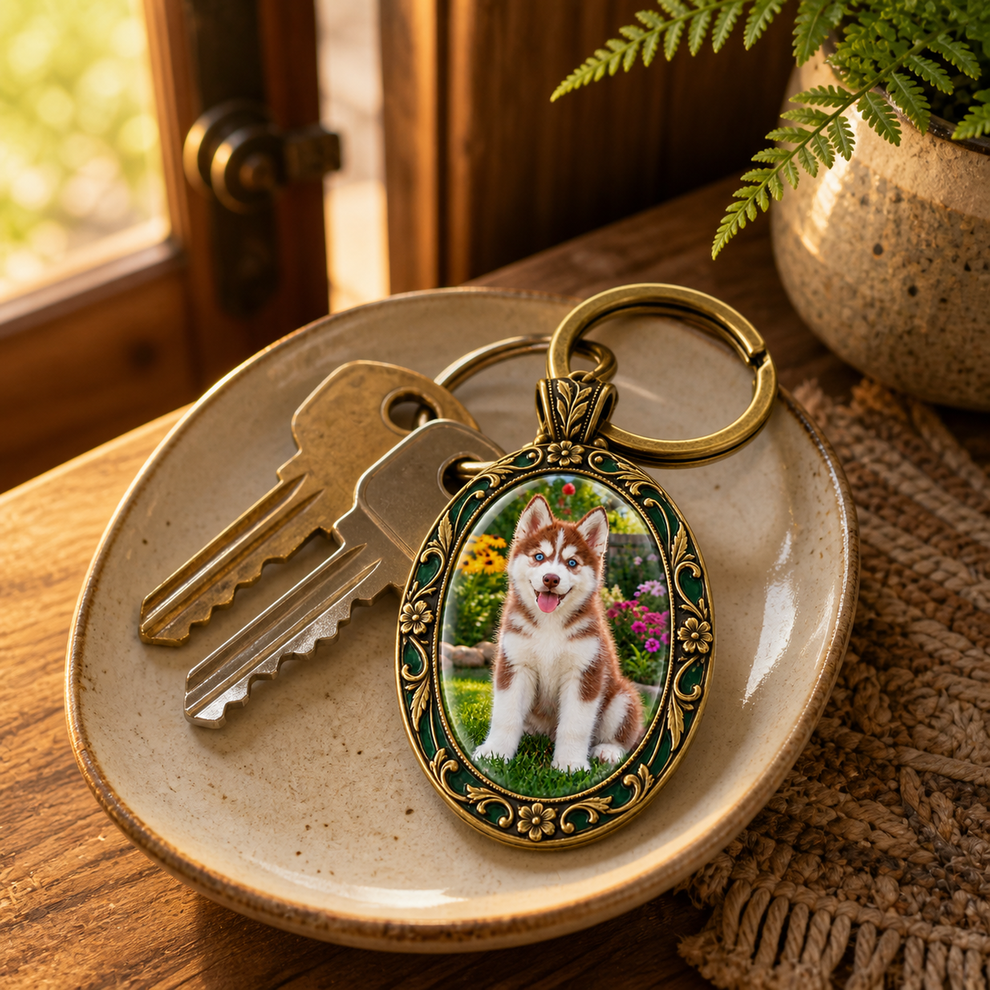 The husky keepsake keychain on a ceramic dish beside a set of keys