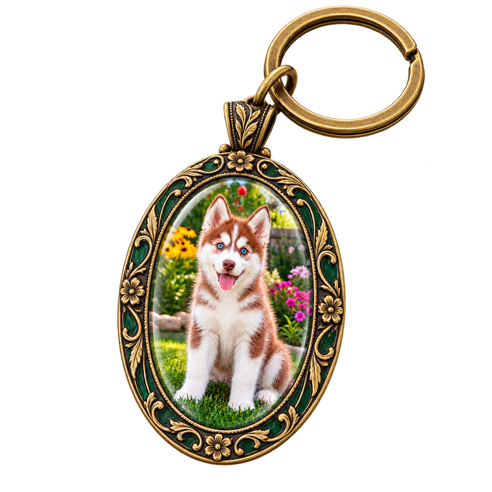 Antique-brass and green enamel oval keychain framing the husky puppy
