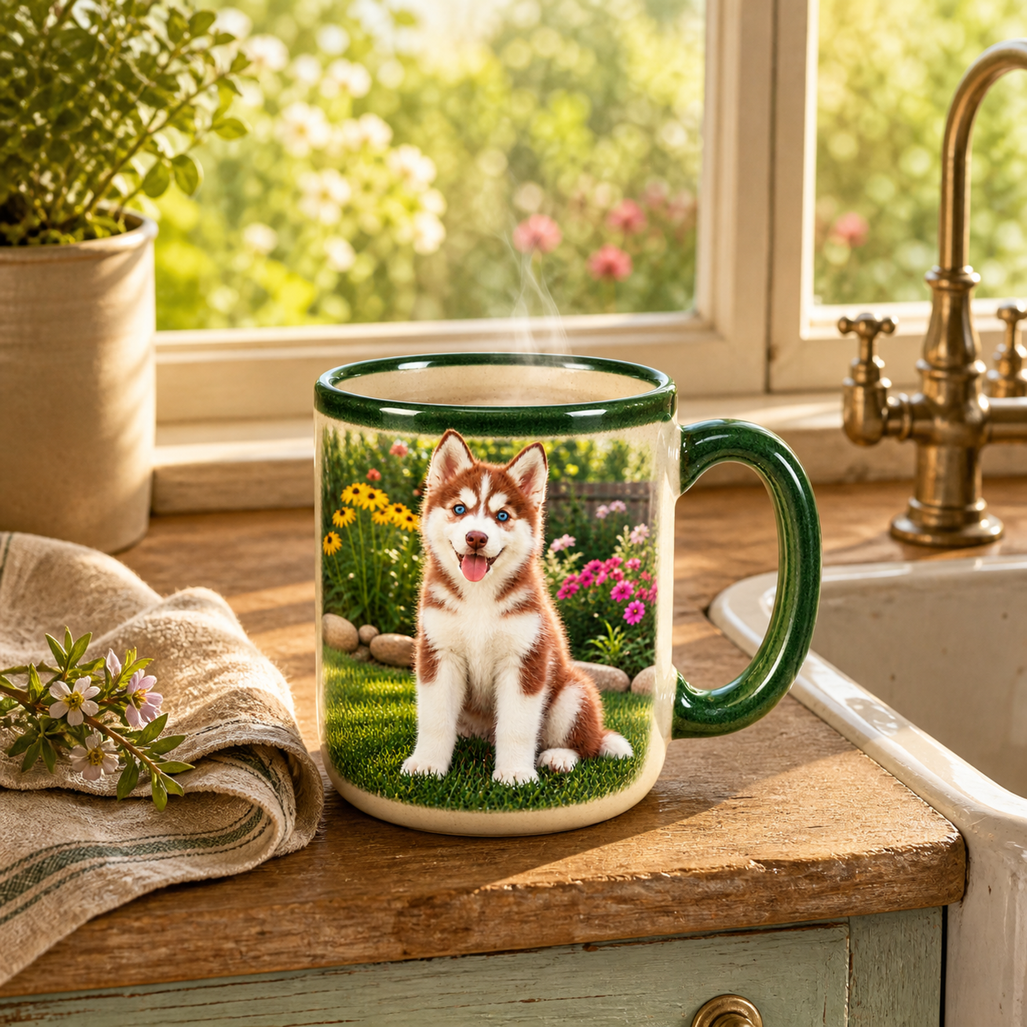 The husky garden mug steaming on a farmhouse windowsill in morning light